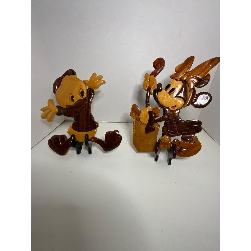 Pair of Disney Minnie Mouse Playing Instrument, Donald Duck Dancing, Wood Intars